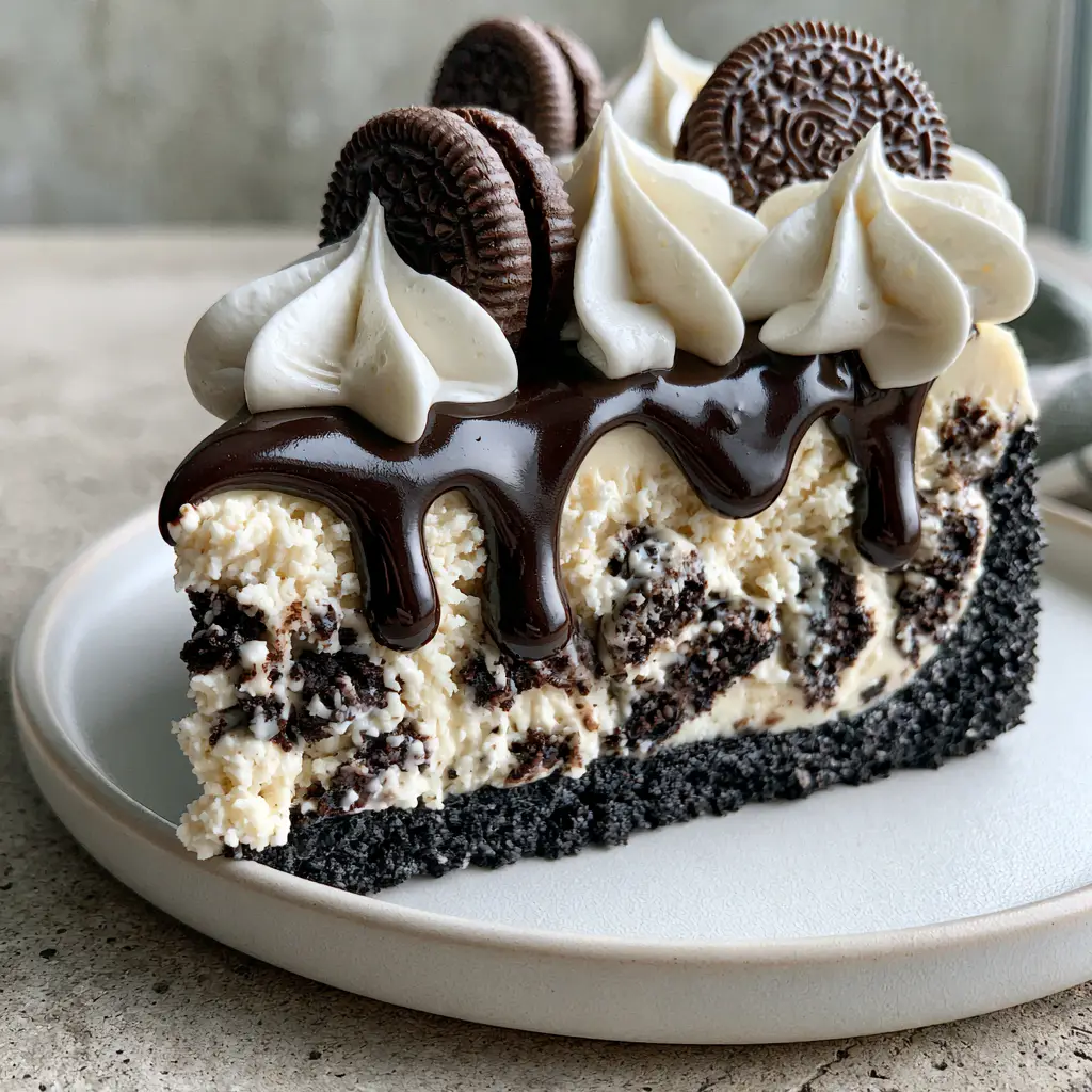 No Bake Oreo Cheesecake: The Ultimate Cookies and Cream Showstopper 1 Side view of no bake oreo cheesecake showing the jet-black crust and glossy ganache drips.