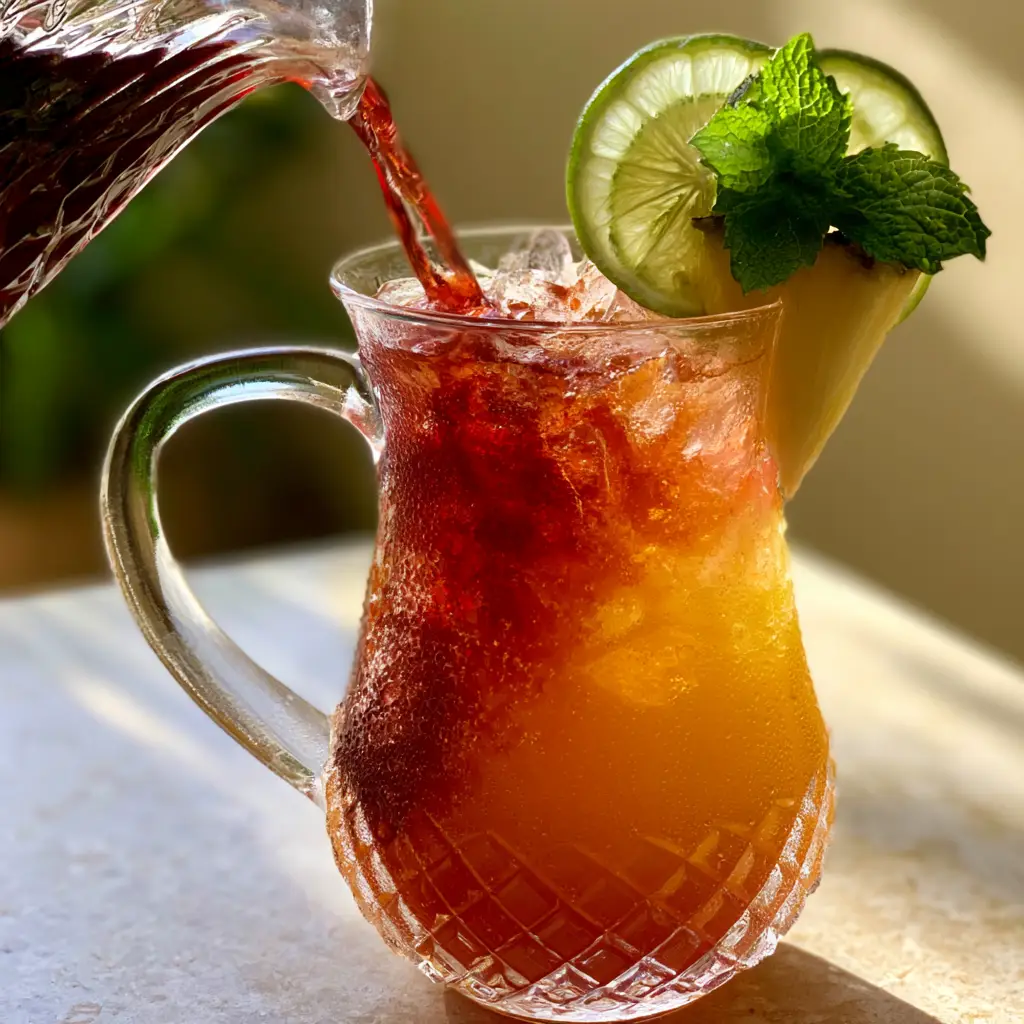 Jamaican Rum Punch Recipe: The Ultimate Tropical Sunset in a Glass 2 A dynamic pour of golden juice into a pitcher of ice, showing clear condensation and vibrant colors. (Jamaican Rum Punch)