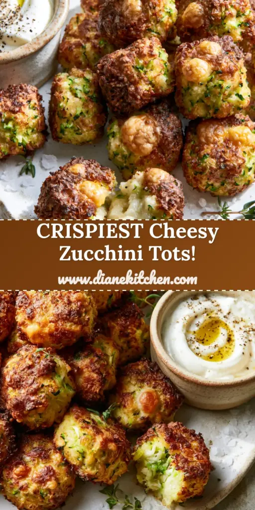 Cheesy Baked Zucchini Tots with Crispy Cheddar Edges 4 A pile of golden-brown Cheesy Baked Zucchini Tots on a rustic plate with a side of creamy Greek yogurt dipping sauce.