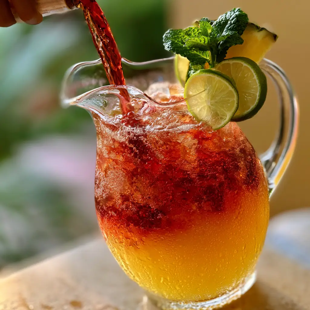 Jamaican Rum Punch Recipe: The Ultimate Tropical Sunset in a Glass 1 Close up of a crystal pitcher filled with layered Jamaican Rum Punch, lime wheels, and fresh mint.