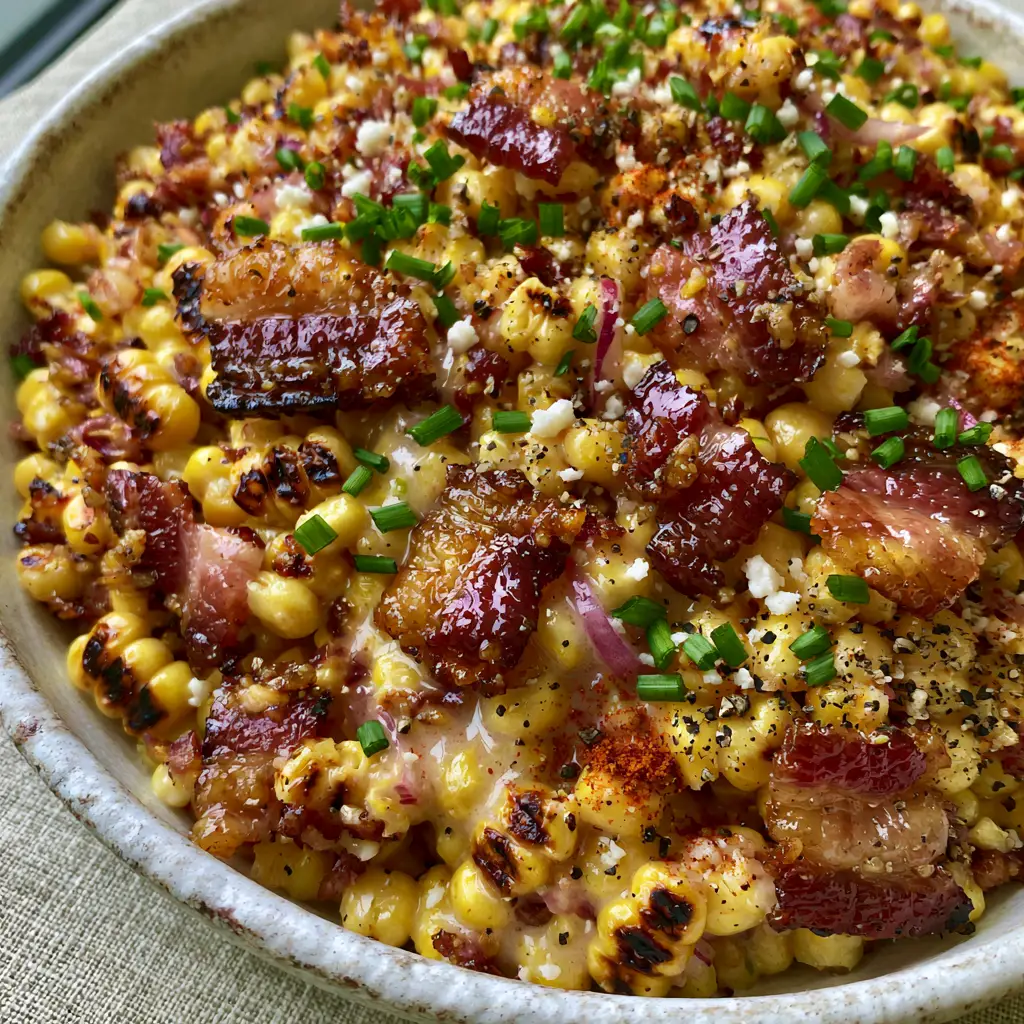Bacon and Corn Salad with Charred Sweet Corn and Creamy Lime Dressing 2 Extreme macro shot of charred sweet corn kernels and glistening honey-smoked bacon pieces in a Bacon and Corn Salad.