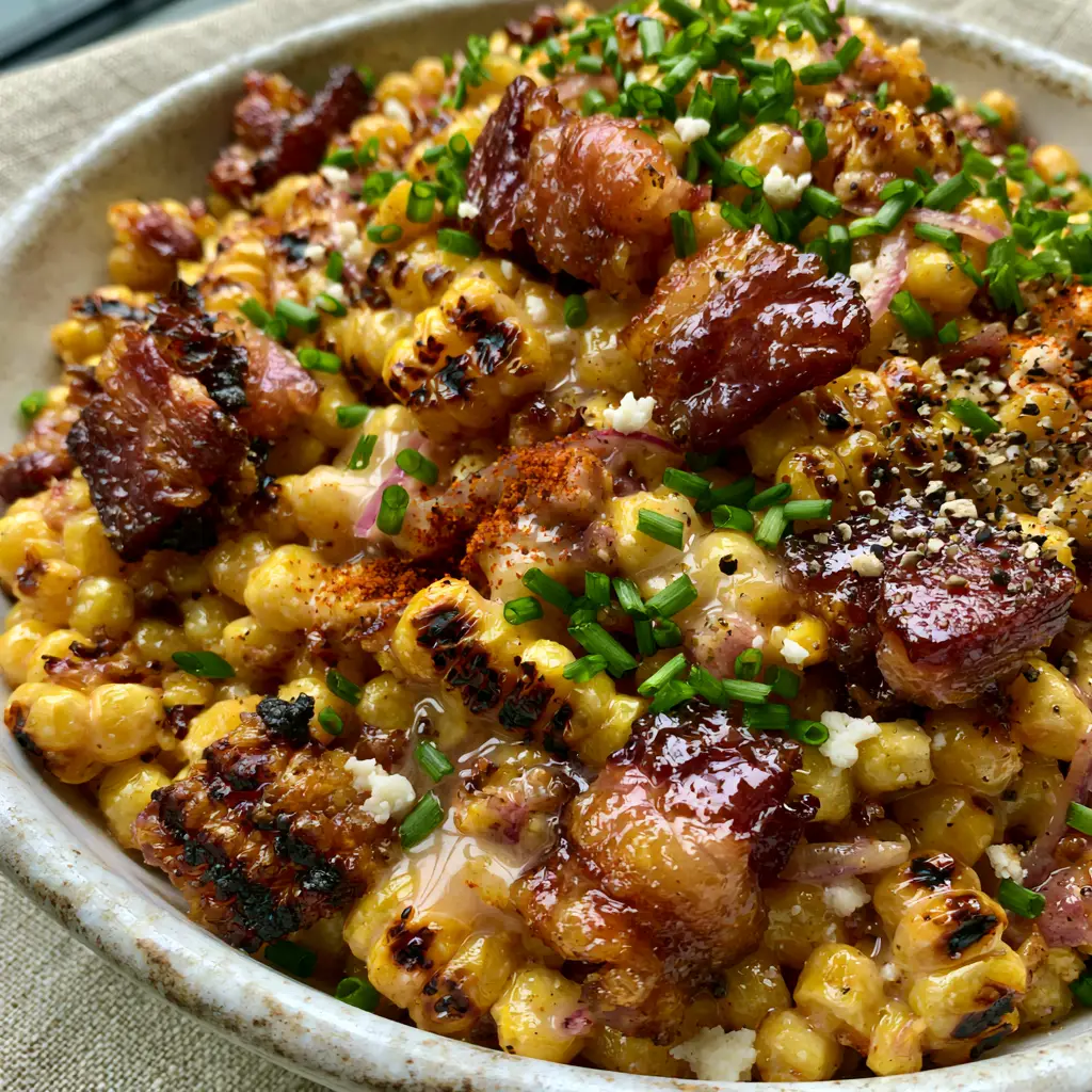 Bacon and Corn Salad with Charred Sweet Corn and Creamy Lime Dressing 1 Overhead macro shot of Bacon and Corn Salad highlighting fresh chives, cotija cheese, and red onion slivers.