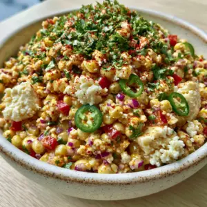 Close up photo of corn salad showing moisture droplets and crumbly cotija cheese texture. (corn salad)