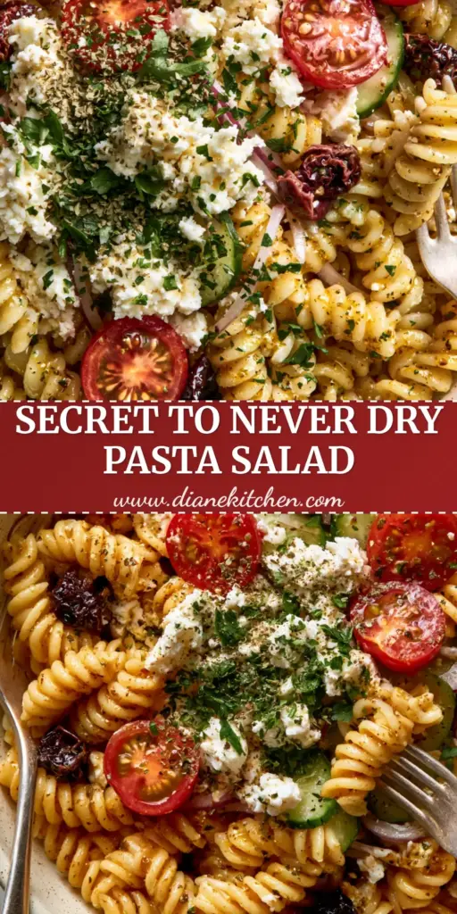 Pasta Salads: The Ultimate Mediterranean Rotini Recipe 4 A colorful Mediterranean pasta salad with rotini, feta, and cherry tomatoes in a cream ceramic bowl. (Pasta Salads)