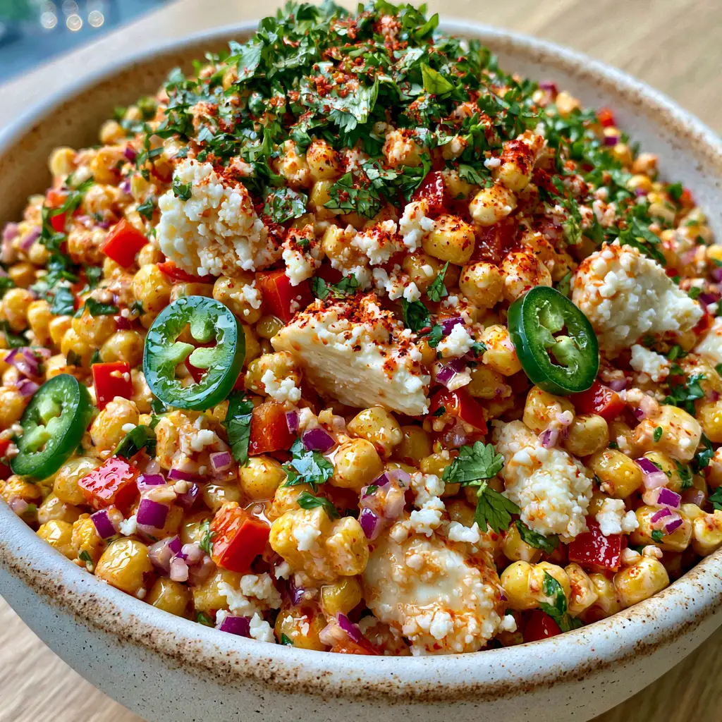Corn Salad: The Ultimate Mexican Street Corn Style Recipe 1 A smartphone photo of Mexican corn salad on a light wood surface with soft bokeh. (corn salad)