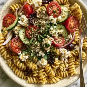 Overhead extreme close-up of vibrant Mediterranean pasta salad showing rotini spirals and herb-flecked vinaigrette. (Pasta Salads)