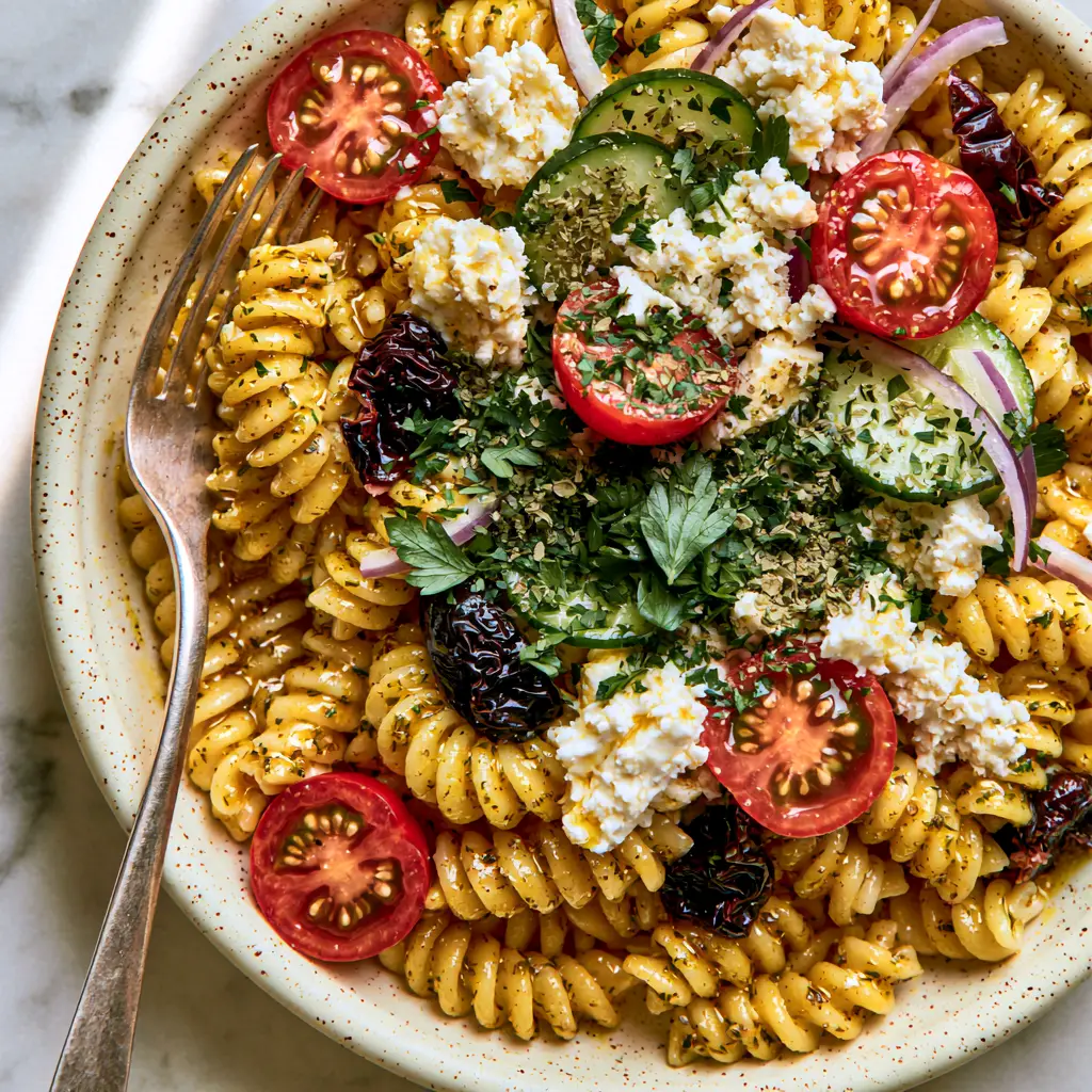 Pasta Salads: The Ultimate Mediterranean Rotini Recipe 1 Close-up of Mediterranean pasta salad featuring chunky white feta crumbles and halved cherry tomatoes.