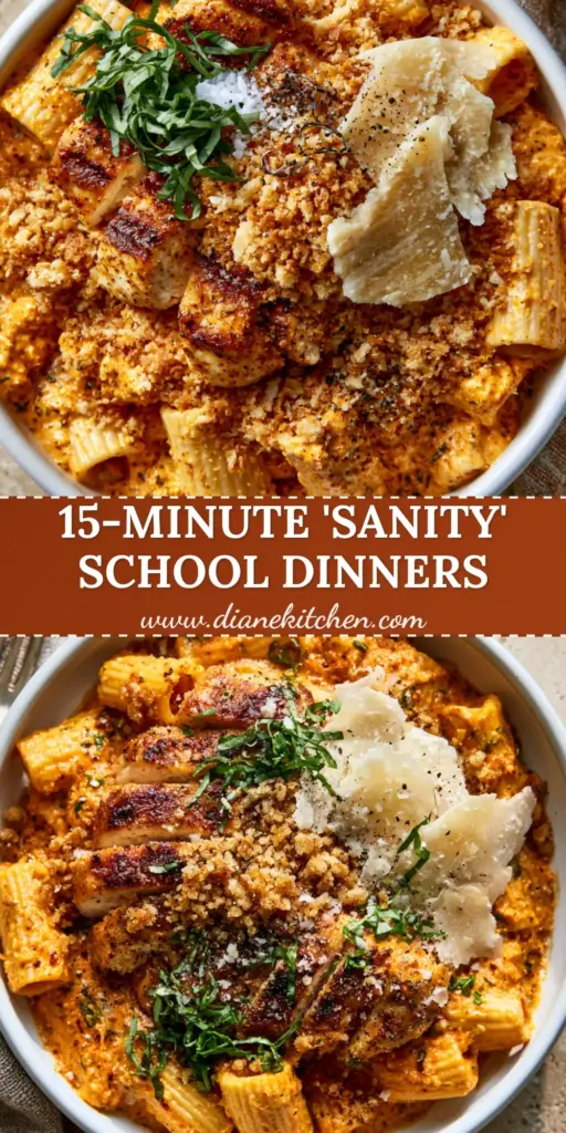 Back to School Dinner Ideas: Creamy Sun-Dried Tomato Chicken Rigatoni 4 A shallow white ceramic bowl filled with rigatoni in an orange sun-dried tomato sauce with seared chicken and basil ribbons. (Back to School Dinner Ideas)