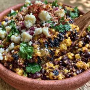 Extreme macro close-up of Charred Corn and Black Bean Salad showing charred kernels, black beans, and cotija cheese.