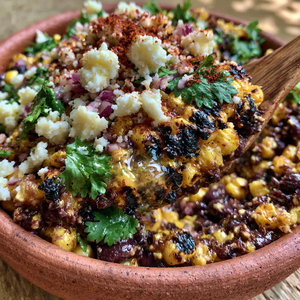 Charred Corn and Black Bean Salad with Zesty Cilantro-Lime Vinaigrette 2 Extreme macro close-up of Charred Corn and Black Bean Salad showing charred kernels, black beans, and cotija cheese.