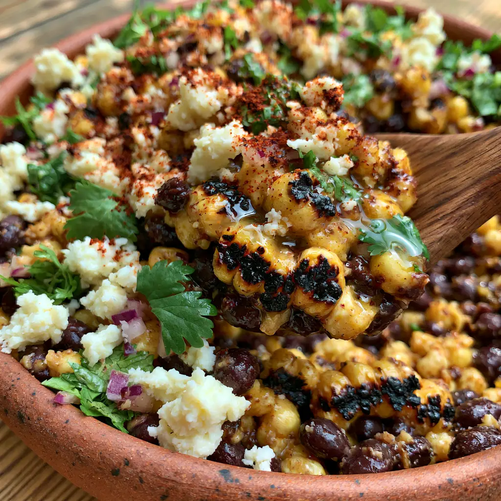 Charred Corn and Black Bean Salad with Zesty Cilantro-Lime Vinaigrette 1 A vibrant bowl of Charred Corn and Black Bean Salad garnished with cilantro and jalapeno rounds.