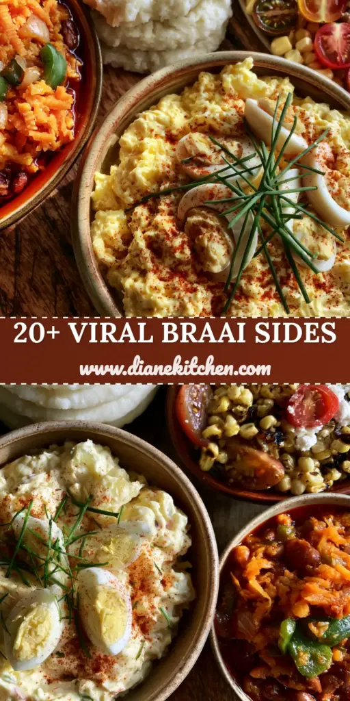 Braai Salads and Sides: The Ultimate Guide to a South African Feast 4 A vibrant top-down view of a South African feast featuring creamy potato salad, spicy chakalaka, and fluffy pap. (braai salads and sides)