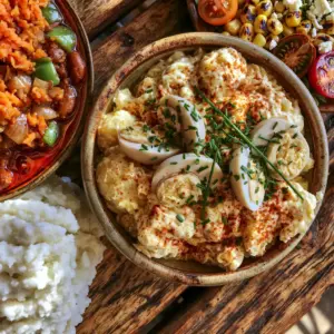 Close up bird's-eye view of a ceramic bowl filled with creamy lodge-style potato salad and glossy red chakalaka. (braai salads and sides)