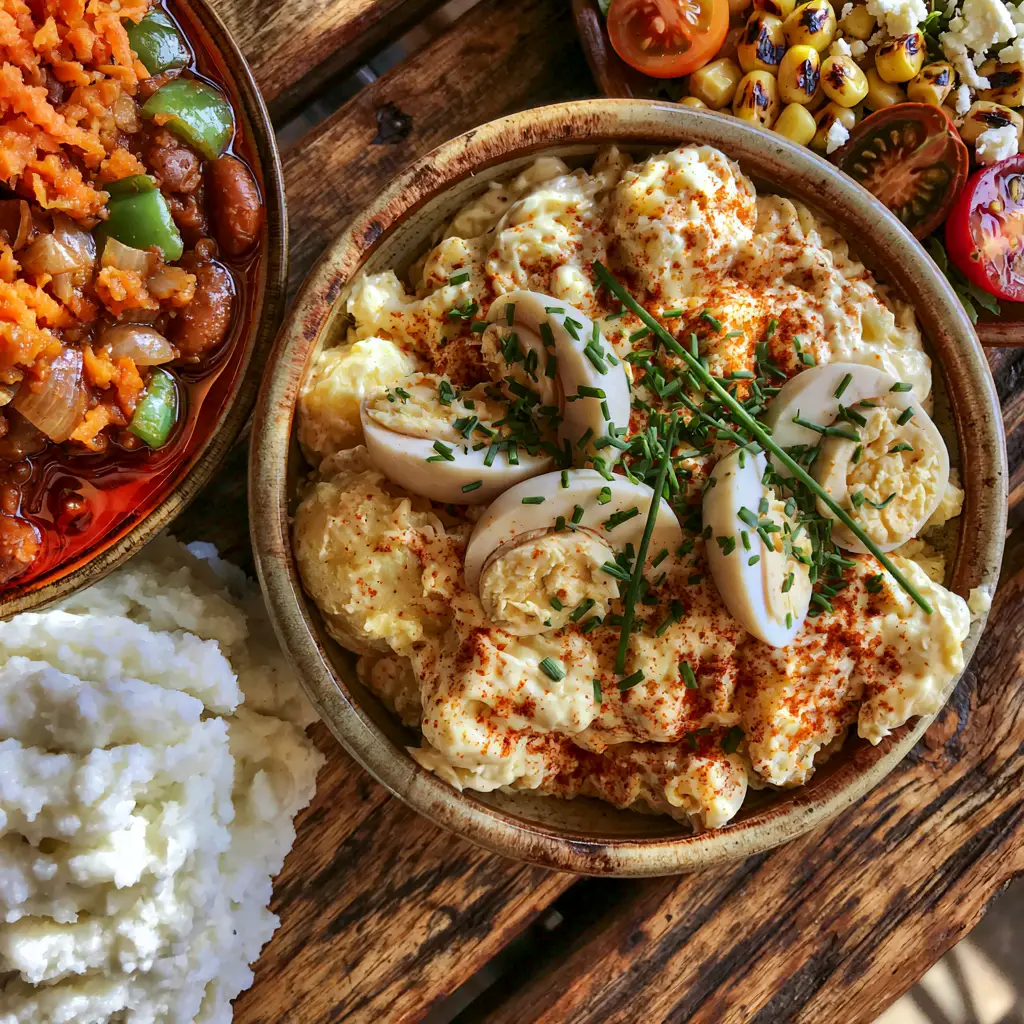 Braai Salads and Sides: The Ultimate Guide to a South African Feast 2 Close up bird's-eye view of a ceramic bowl filled with creamy lodge-style potato salad and glossy red chakalaka. (braai salads and sides)