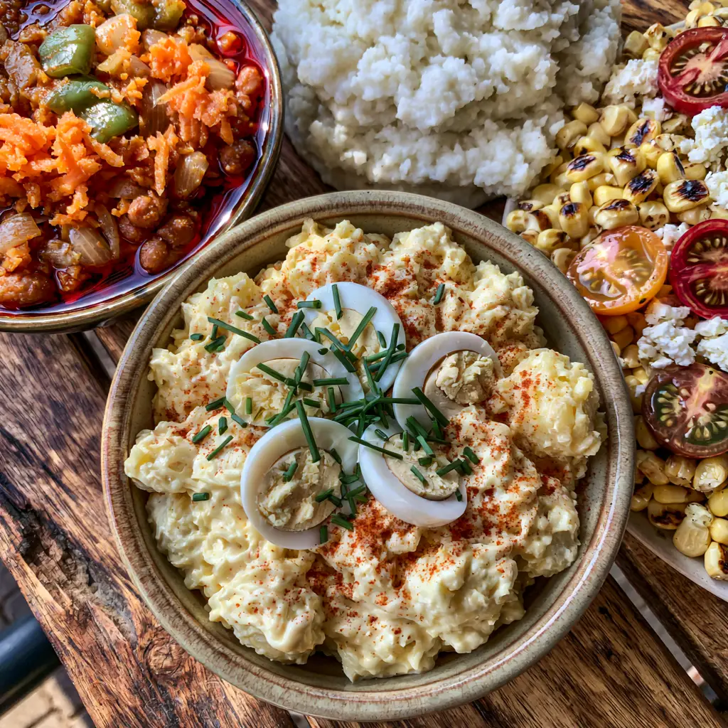 Braai Salads and Sides: The Ultimate Guide to a South African Feast 1 Rustic wooden table spread with fluffy stywe pap and a summer salad of charred corn and heirloom tomatoes. (braai salads and sides)