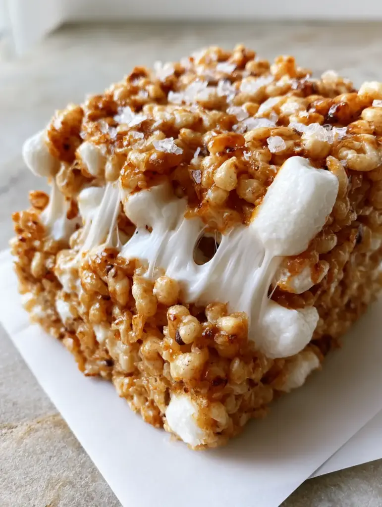 Rice Krispy Treats: The Ultimate Gooey Brown Butter and Sea Salt Recipe 2 Extreme close-up of rice krispy treats being pulled apart, showing long stretchy marshmallow strings and brown butter flecks. (rice krispy treats)