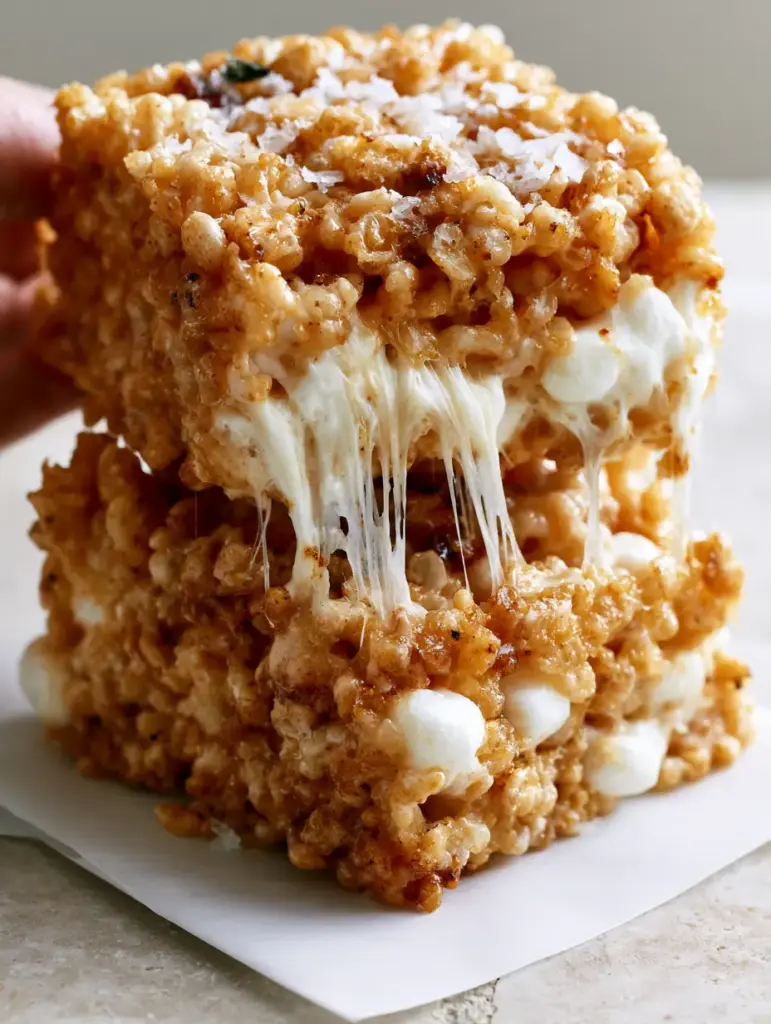 Rice Krispy Treats: The Ultimate Gooey Brown Butter and Sea Salt Recipe 1 A thick square of toasted rice krispy treats featuring amber brown butter specks and whole mini marshmallows on a stone counter.