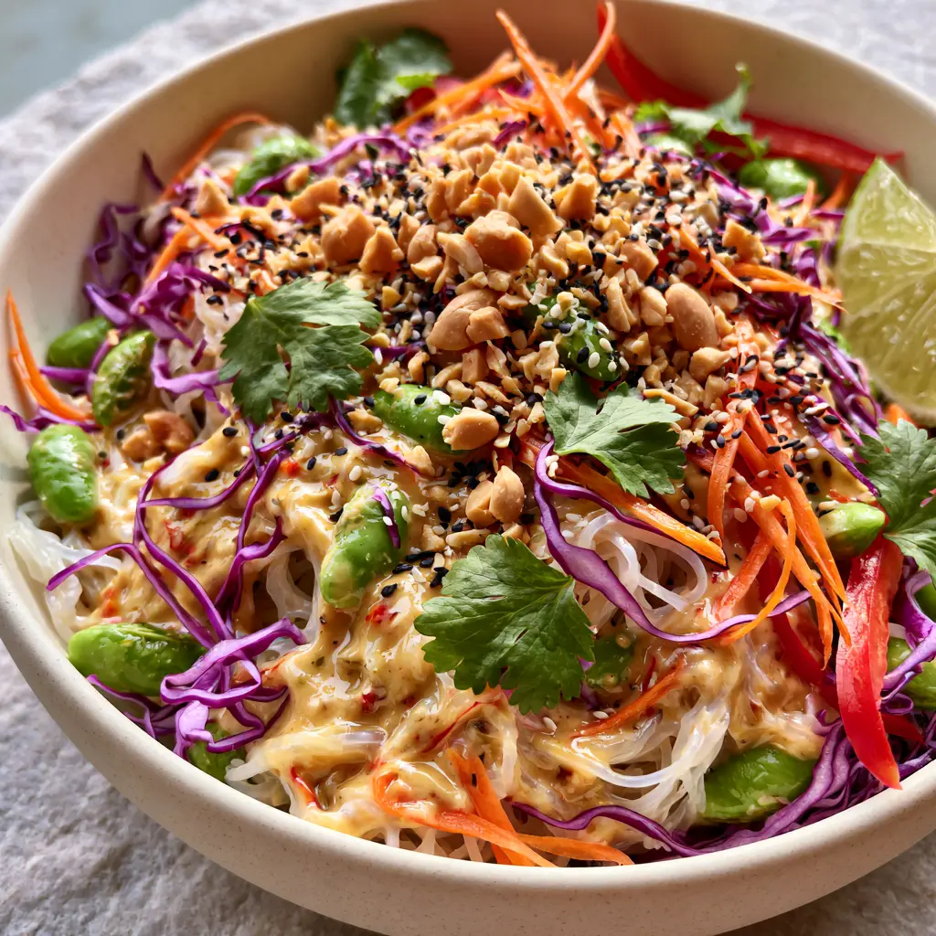 Edamame Rice Noodle Salad with Creamy Golden Peanut Dressing 2 Close-up of translucent rice noodles coated in thick golden peanut sauce with crushed peanuts and sesame seeds. (Edamame rice noodle salad)