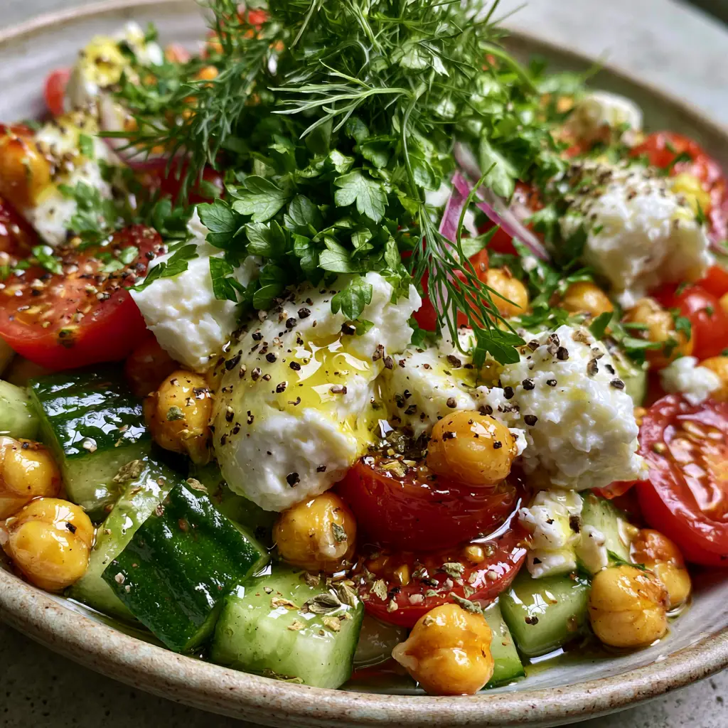 Cucumber Chickpea Feta Salad: The Ultimate 10-Minute Mediterranean Recipe 2 Extreme close-up of cucumber chickpea feta salad showing the glossy lemon-herb dressing, cracked black pepper, and fresh dill fronds.