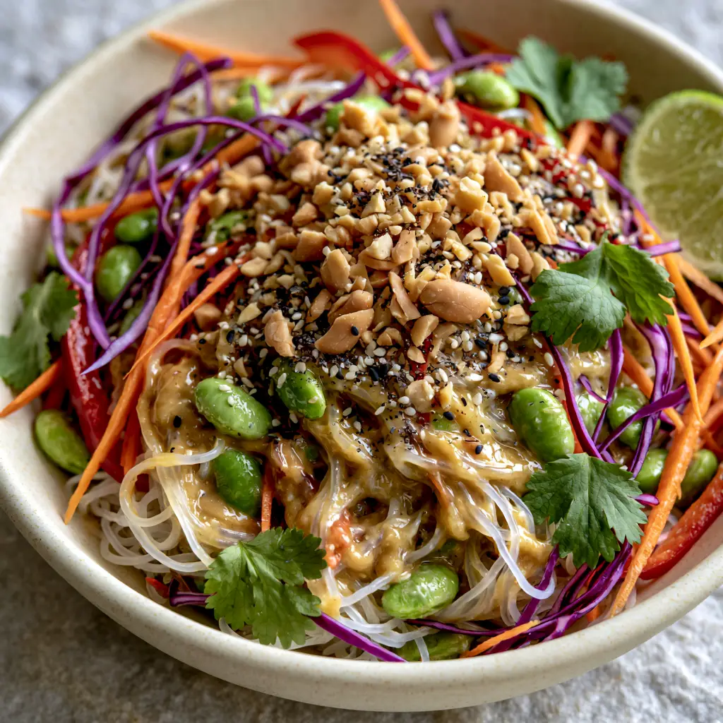 Edamame Rice Noodle Salad with Creamy Golden Peanut Dressing 1 Overhead view of Edamame rice noodle salad showing the contrast of orange carrots, purple cabbage, and green cilantro leaves.
