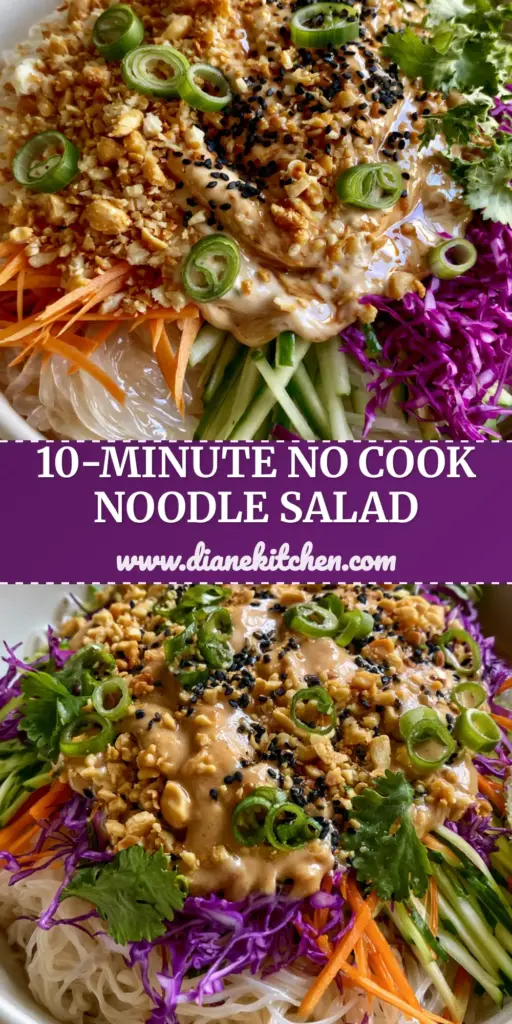 No Cook Noodle Salad with Creamy Peanut Dressing 4 A handheld smartphone photo of a vibrant No Cook Noodle Salad in a white bowl, showing glossy translucent noodles, julienned carrots, cucumbers, and purple cabbage with a peanut dressing drizzle and lime wedge.