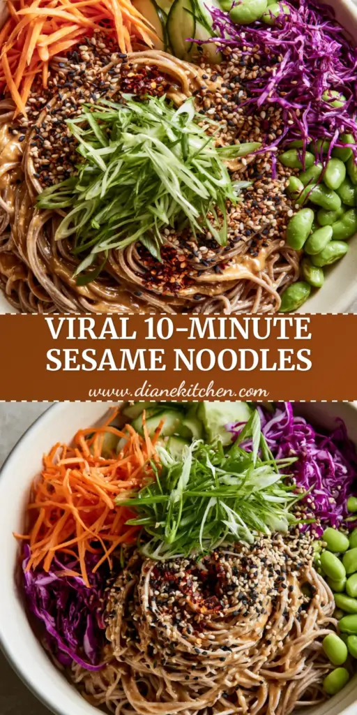 Sesame Noodle Salad: The Ultimate 10-Minute Creamy Peanut Soba Bowl 3 A top-down view of a Sesame Noodle Salad in a cream bowl featuring julienned carrots, purple cabbage, and edamame.