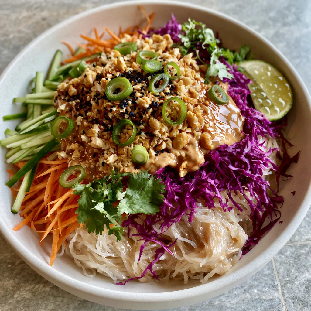 No Cook Noodle Salad with Creamy Peanut Dressing 2 A 45-degree overhead shot of a No Cook Noodle Salad with translucent rice noodles, orange carrots, green cucumbers, and purple cabbage in a white ceramic bowl. (No Cook Noodle Salad)