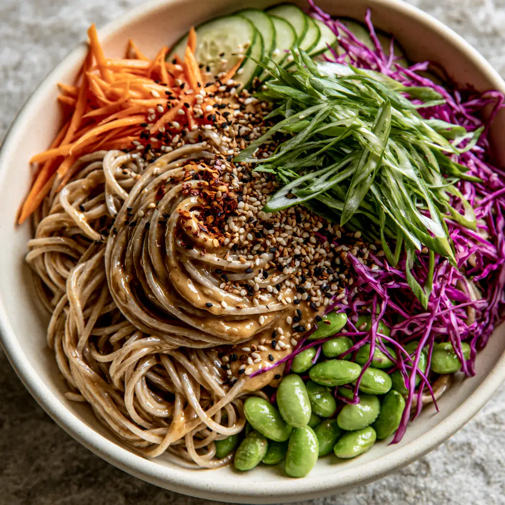Sesame Noodle Salad: The Ultimate 10-Minute Creamy Peanut Soba Bowl 2 Close-up of tangled soba noodles coated in glossy peanut ginger dressing for a Sesame Noodle Salad.