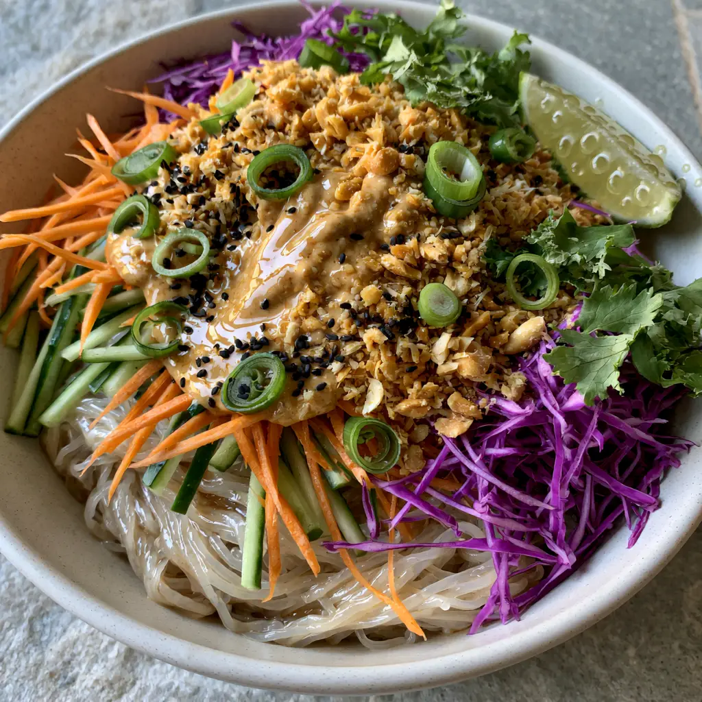No Cook Noodle Salad with Creamy Peanut Dressing 1 Close-up of a cold noodle salad showing the high-gloss peanut sesame dressing drizzled over crisp vegetables and rice noodles. (No Cook Noodle Salad)