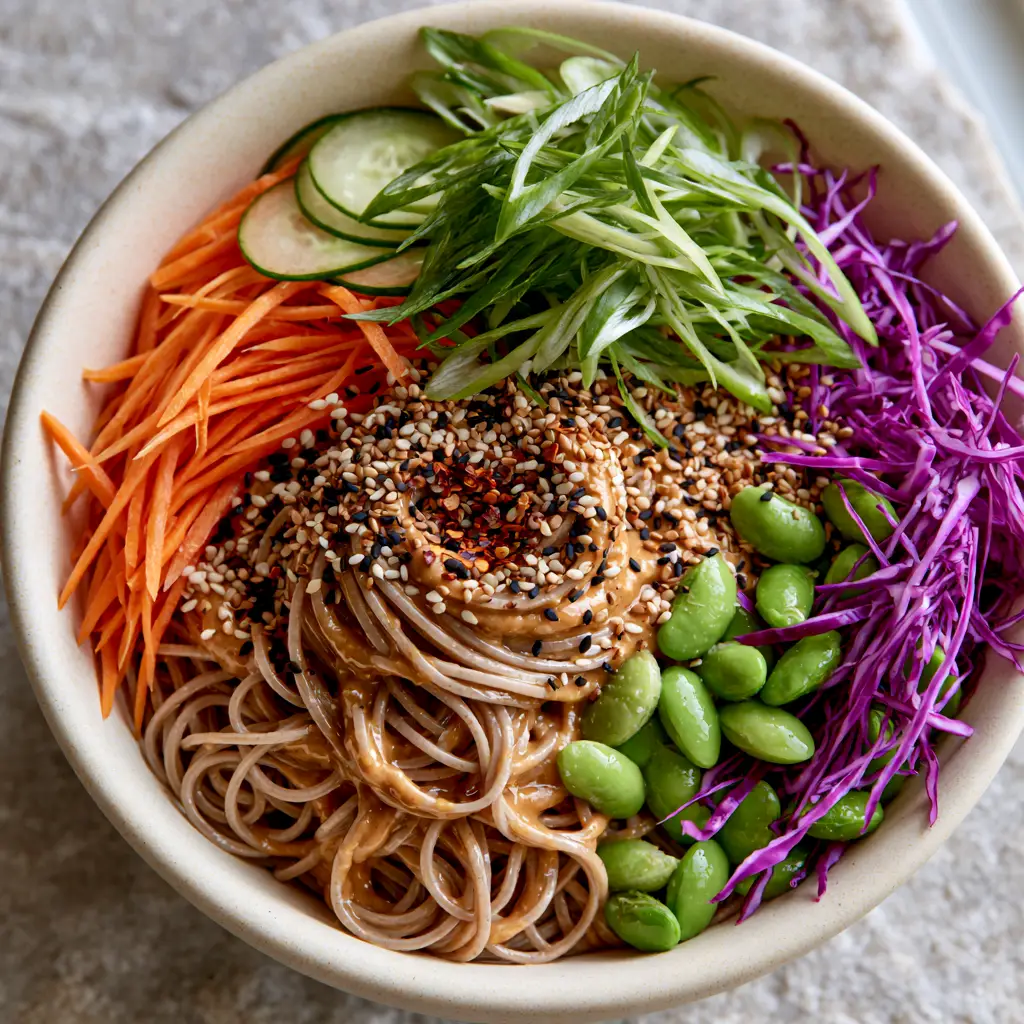 Sesame Noodle Salad: The Ultimate 10-Minute Creamy Peanut Soba Bowl 1 Visualizing the colorful toppings of a Sesame Noodle Salad including purple cabbage and sesame seeds.