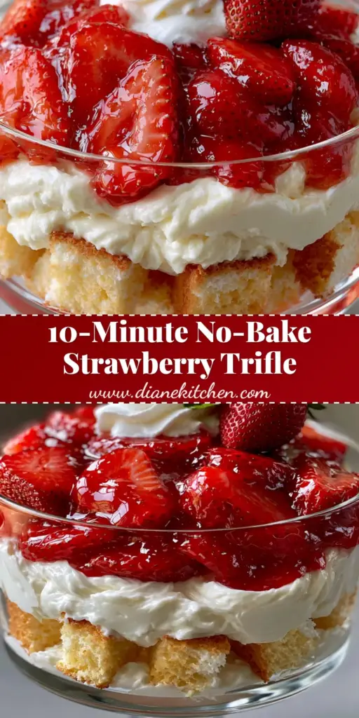 Strawberry Cheesecake Trifle: The Ultimate No-Bake Layered Summer Dessert 4 A tall clear glass footed bowl filled with layers of Strawberry Cheesecake Trifle, showing golden cake, white cream, and glazed red berries.