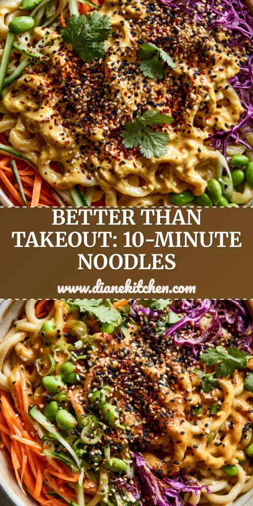 Sesame Noodle Salad with Creamy Tahini and Crisp Vegetables 3 A close-up top-down view of a sesame noodle salad in a ceramic bowl with glossy udon, purple cabbage, and edamame.