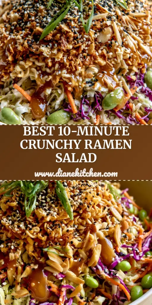 Ramen Noodle Salad: The Ultimate Crunchy Asian Cabbage Slaw 3 A towering Ramen Noodle Salad in a white bowl featuring purple cabbage, matchstick carrots, and a massive heap of toasted golden noodles with black sesame seeds.