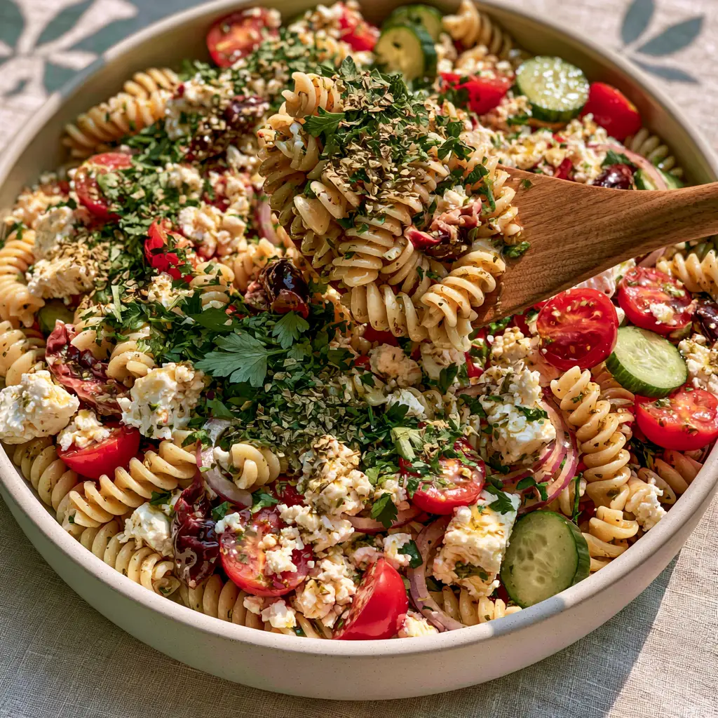 Summer Pasta Salad with Glossy Herb Vinaigrette and Feta 2 A handheld smartphone photo of a vibrant Summer Pasta Salad served in a wide, shallow matte white ceramic bowl during golden hour.
