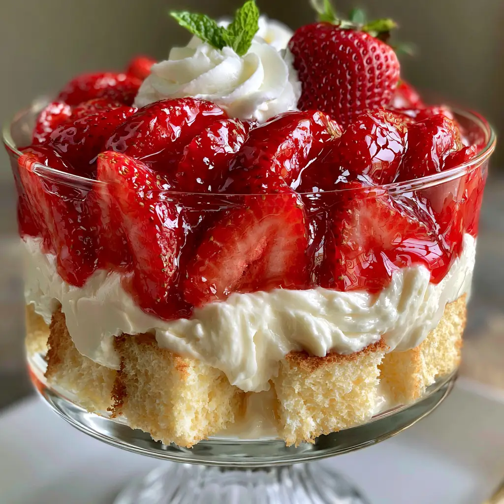 Strawberry Cheesecake Trifle: The Ultimate No-Bake Layered Summer Dessert 2 Close up of a strawberry cheesecake trifle in an elegant clear glass footed bowl showing velvety cream and glossy strawberries.