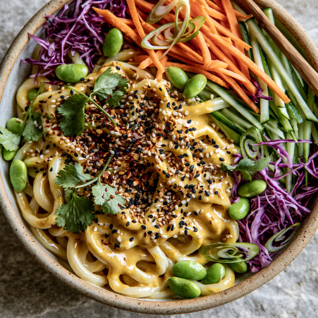 Sesame Noodle Salad with Creamy Tahini and Crisp Vegetables 2 Top-down shot of glossy chilled udon noodles coated in golden sesame sauce. (sesame noodle salad)