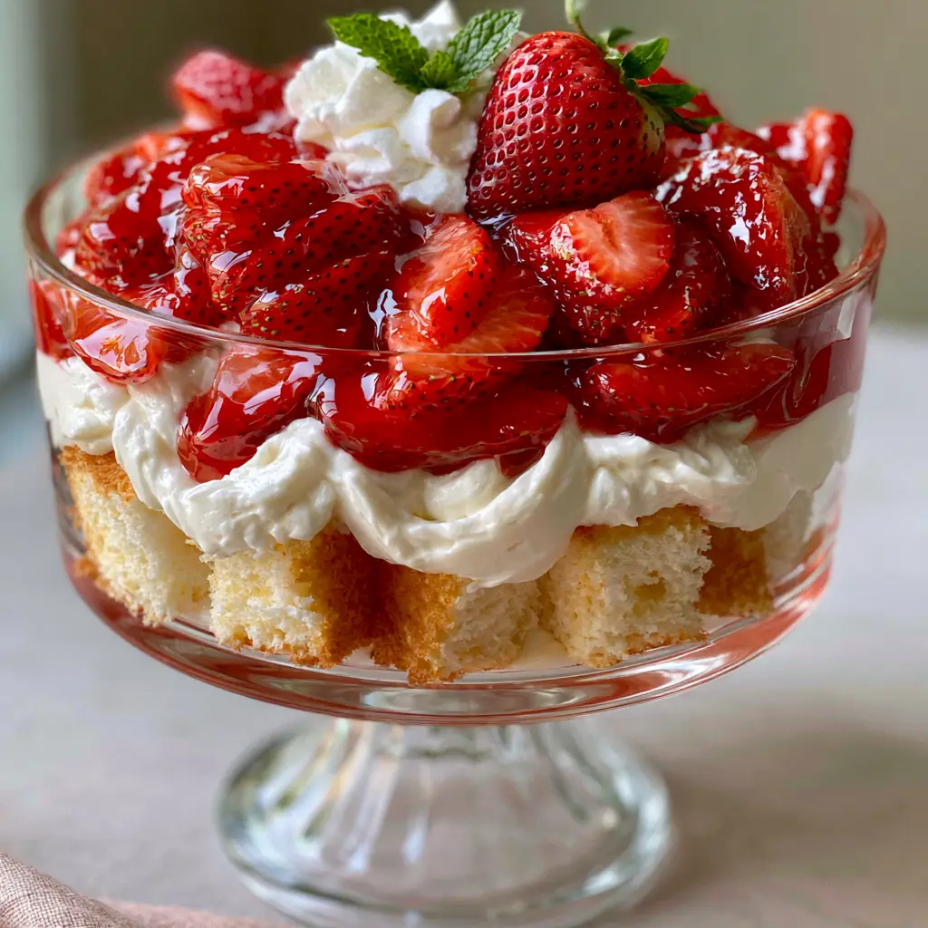 Strawberry Cheesecake Trifle: The Ultimate No-Bake Layered Summer Dessert 1 Side view of a strawberry cheesecake trifle with flawless clean visible layers of cake, cream, and glazed strawberries.