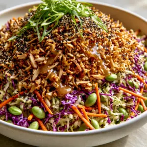 Close-up 45-degree shot of Crunchy Ramen Noodle Salad highlighting the texture of toasted almonds and glossy amber dressing.