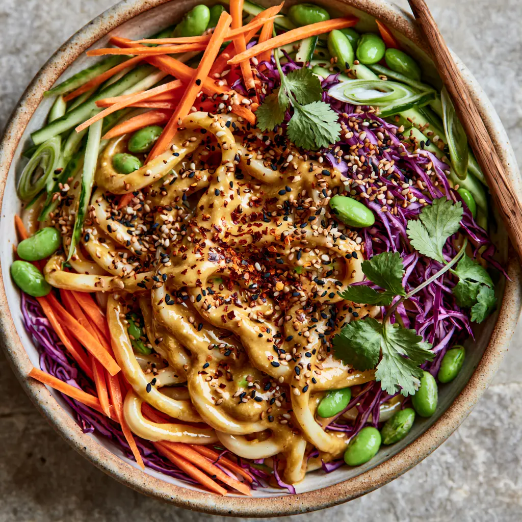 Sesame Noodle Salad with Creamy Tahini and Crisp Vegetables 1 Close-up of sesame noodle salad featuring julienned carrots, purple cabbage, and edamame beans in a stone-colored bowl.