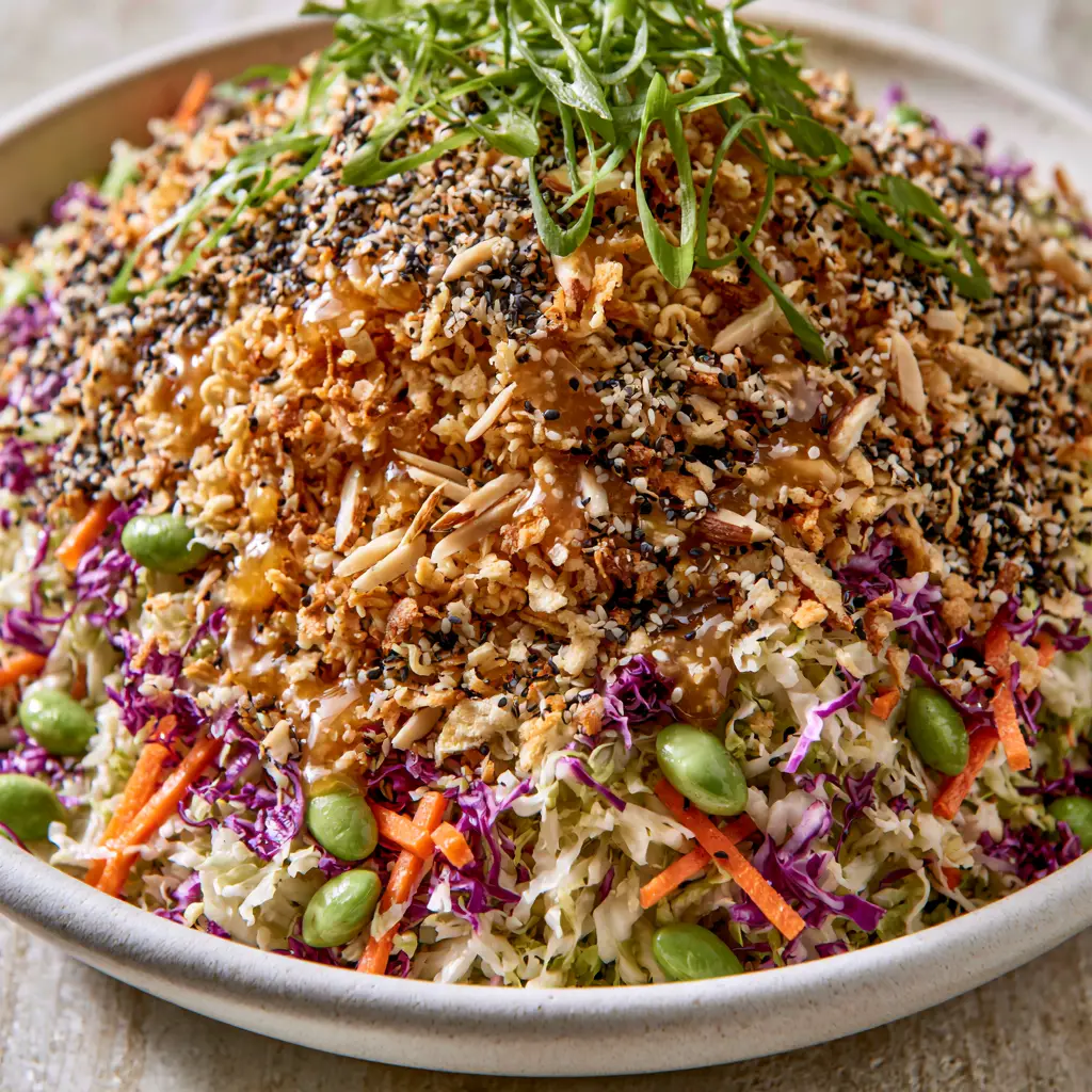 Ramen Noodle Salad: The Ultimate Crunchy Asian Cabbage Slaw 1 Ramen Noodle Salad piled high in a white bowl showing the contrast of neon-orange carrots and bright green edamame.