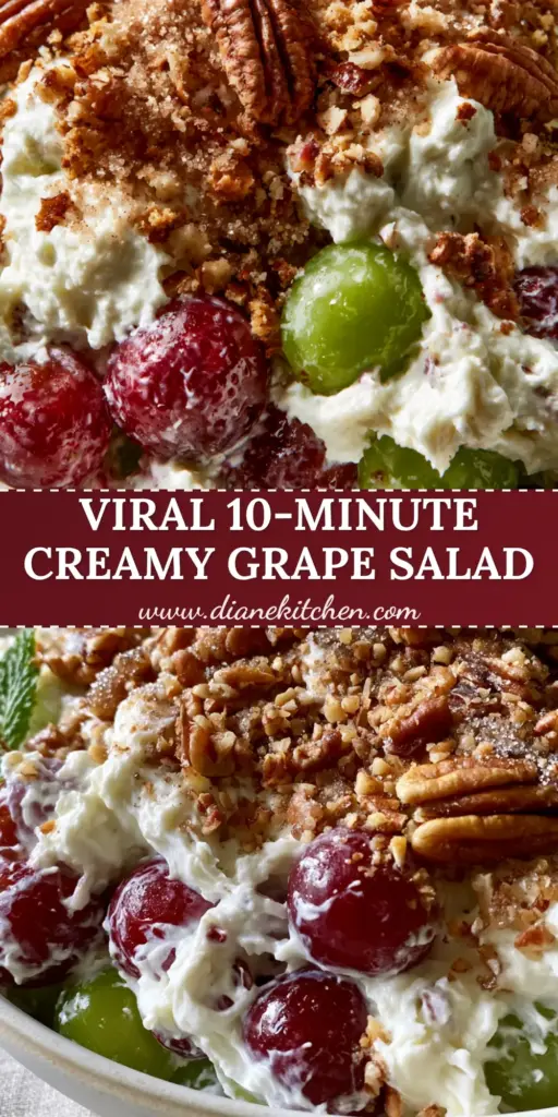 Grape Salad with Creamy Whipped Dressing and Toasted Pecan Crust 4 A tall Pinterest pin showing a close-up of Creamy Grape Salad with green and red grapes, a whipped dressing, and toasted pecan topping.
