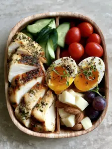 Close up of herb-crusted chicken and jammy eggs in a wooden healthy bento box lunch.