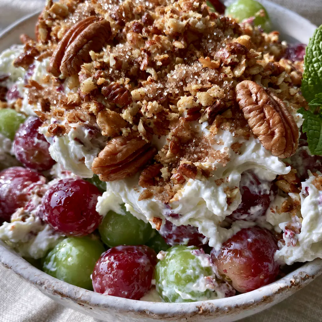 Grape Salad with Creamy Whipped Dressing and Toasted Pecan Crust 2 Ultra close-up high-angle photo of luscious Creamy Grape Salad in a white ceramic bowl with red and green grapes.