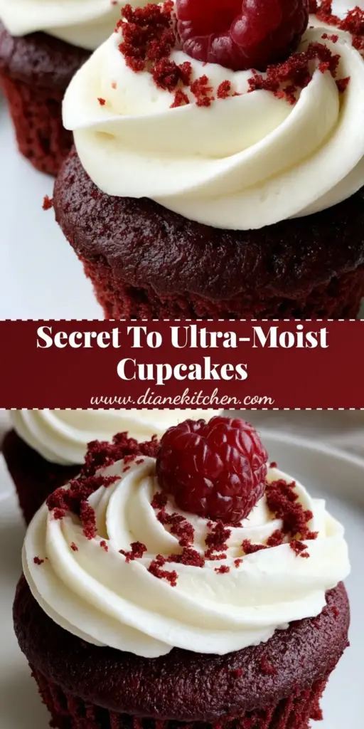 A tall Pinterest pin showing two gourmet red velvet cupcakes with crimson bases, thick white cream cheese frosting swirls, fine crumbs, and a glossy red raspberry on top.