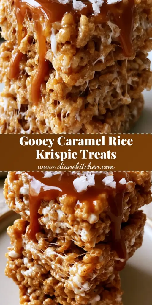 Salted Caramel Rice Krispie Treats with Brown Butter and Sea Salt 4 A stack of gourmet Salted Caramel Rice Krispie Treats with visible brown butter specks and a glossy amber caramel drizzle topped with flaky sea salt.