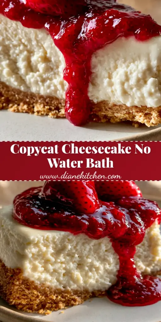 A close-up slice of Cheesecake Factory cheesecake with a thick graham cracker crust, dense white filling, and glossy red strawberry compote on a matte plate.