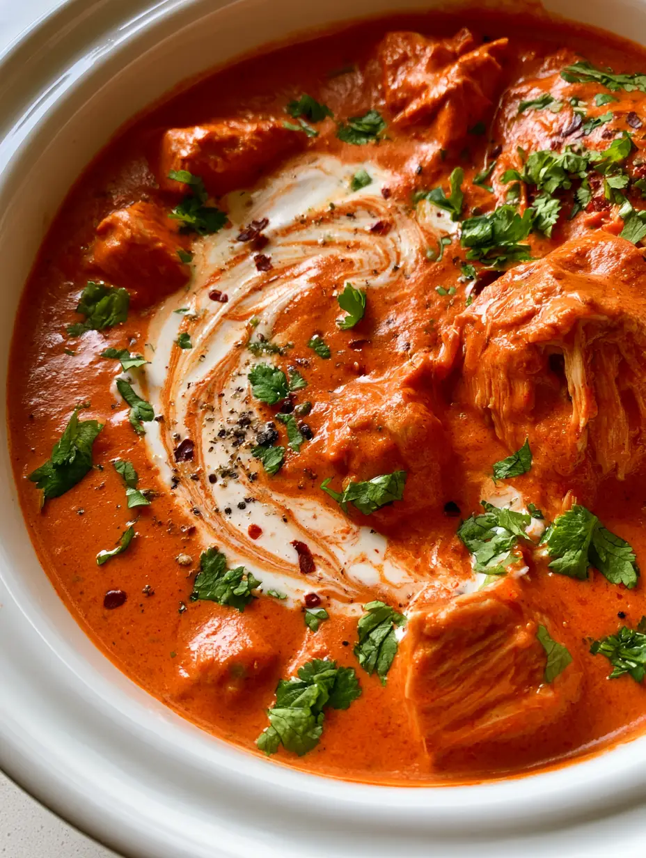 Top-down view of Crockpot Butter Chicken in a slow cooker showing a thick glossy sauce and cream swirl.