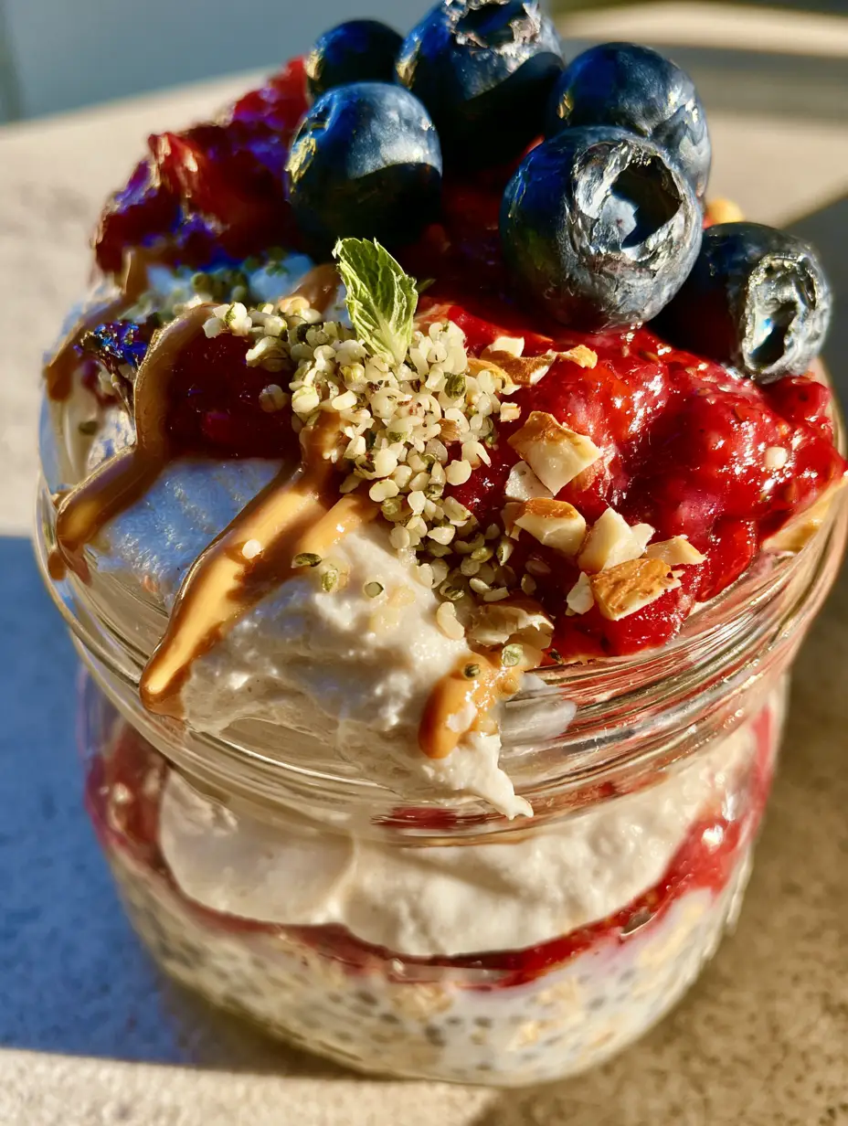 Sweet breakfast recipes: High-Protein Berry Cheesecake Overnight Oats 3 Macro close-up of glossy strawberry compote and whipped Greek yogurt layers in a glass jar. (Sweet breakfast recipes)