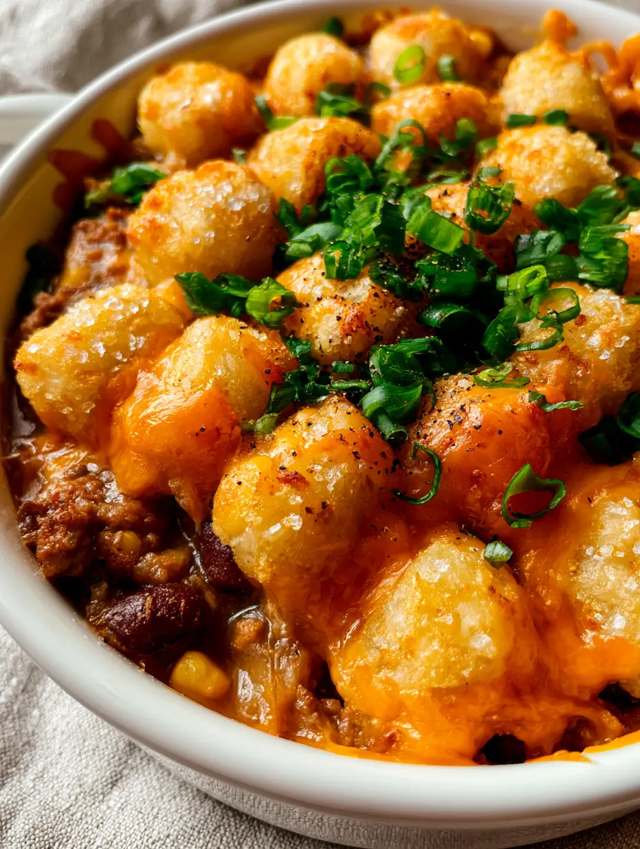 Macro photo of Slow Cooker Cowboy Casserole showing potato texture on tater tots and charred orange cheese lace.