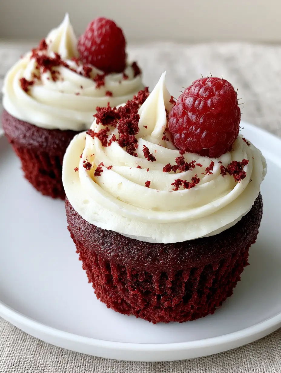 Close-up of two gourmet red velvet cupcakes on a white plate with deep crimson cake and stable cream cheese frosting swirls.